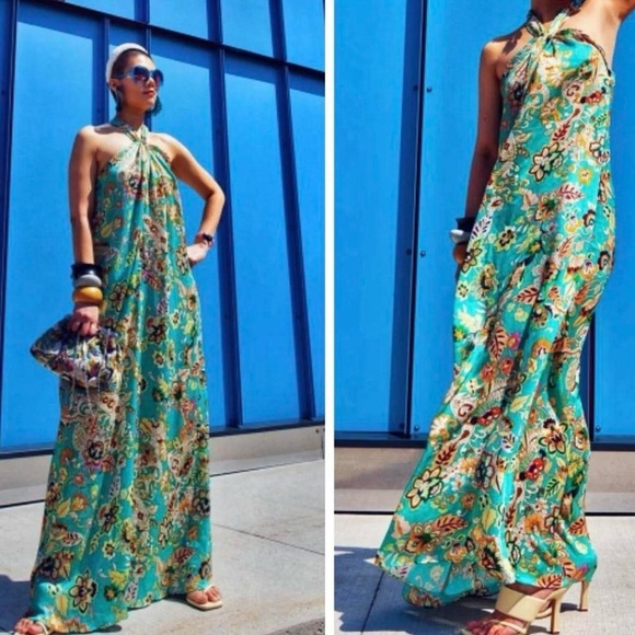 Zara teal satin floral flower print tropical halter open back long maxi dress XS - Picture 9 of 17